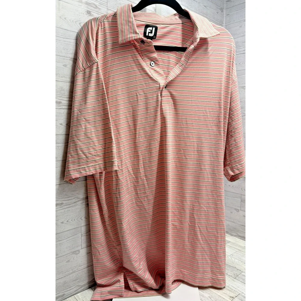 FootJoy Polo‎ Shirt Mens LARGE Pink Grey White Striped Performance Golf Stretch